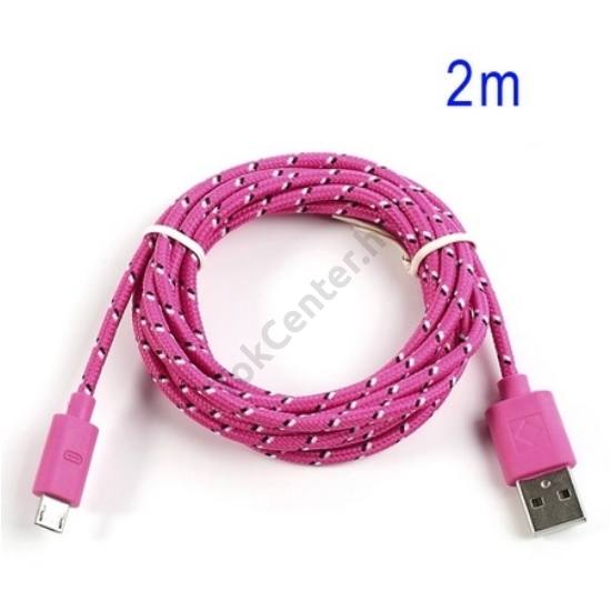 Adatátvitel adatkábel és töltő (microUSB, 200 cm, szőtt / cipőfűző minta) RÓZSASZÍN
