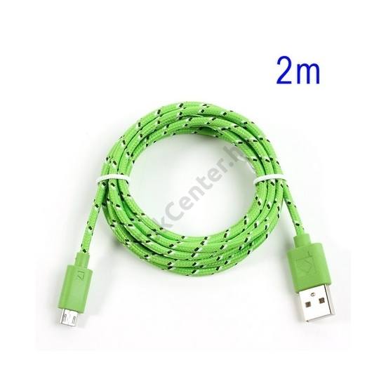 Adatátvitel adatkábel és töltő (microUSB, 200 cm, szőtt / cipőfűző minta) ZÖLD