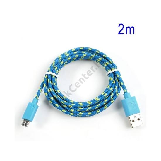 Adatátvitel adatkábel és töltő (microUSB, 200 cm, szőtt / cipőfűző minta) KÉK