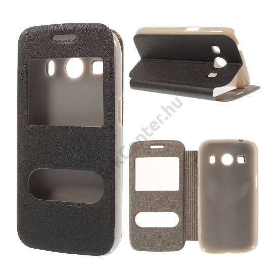 Samsung Galaxy Ace 4 LTE (SM-G357FZ) Tok álló, bőr (FLIP, oldalra nyíló, asztali tartó funkció, hívókijelzés, Dual View Window, érdes felület) FEKETE