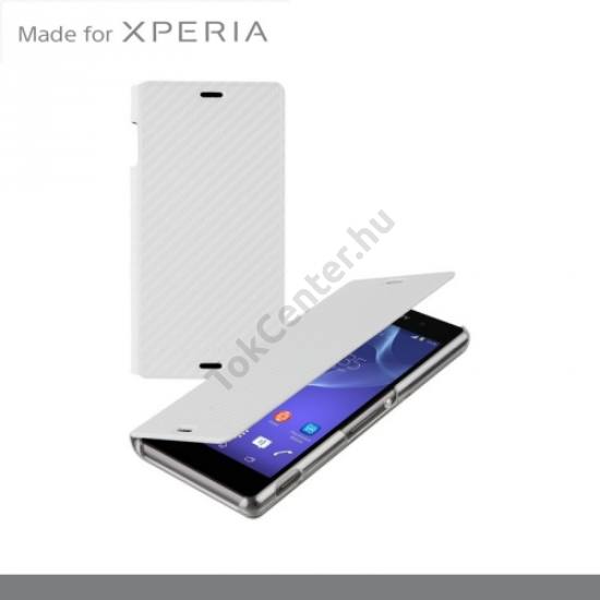 Sony Xperia Z3 (D6653) Műanyag telefonvédő (bőr flip, oldalra nyíló, bankkártya tartó, karbon minta) FEHÉR