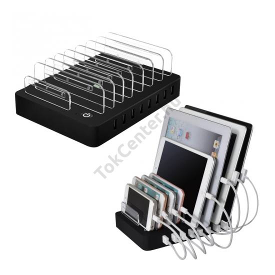 Asztali töltő állomás (8 készülék egyidejű töltésére, 8 x USB aljzat, 5V / 2400mAh, kábel nélkül ) FEKETE	
