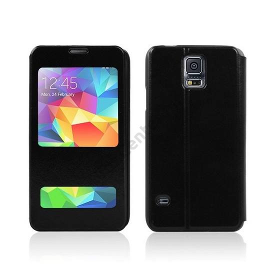 Samsung Galaxy S V. (SM-G900) Tok álló, bőr (FLIP, oldalra nyíló, asztali tartó funkció, hívószámkijelzés) FEKETE