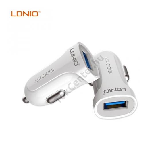 LDNIO szivargyújtó töltő/autós töltő USB aljzat (5V / 1000mA, 12/ 24 V, extra mini, microUSB kábel) FEHÉR