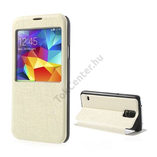 Samsung Galaxy S V. (SM-G900) Tok álló, bőr (FLIP, oldalra nyíló, asztali tartó funkció, hívószámkijelzés, S-View Cover, karcmintás) BÉZS