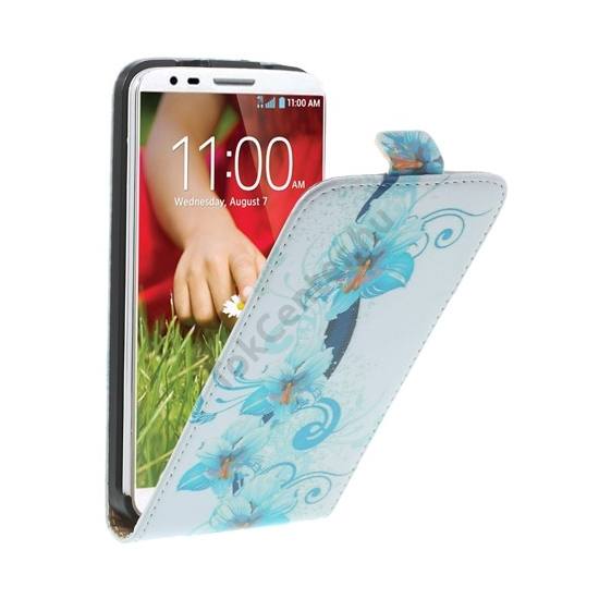 LG G2 (D802) Tok álló, bőr (FLIP, mágneses, kék virágmintás) FEHÉR