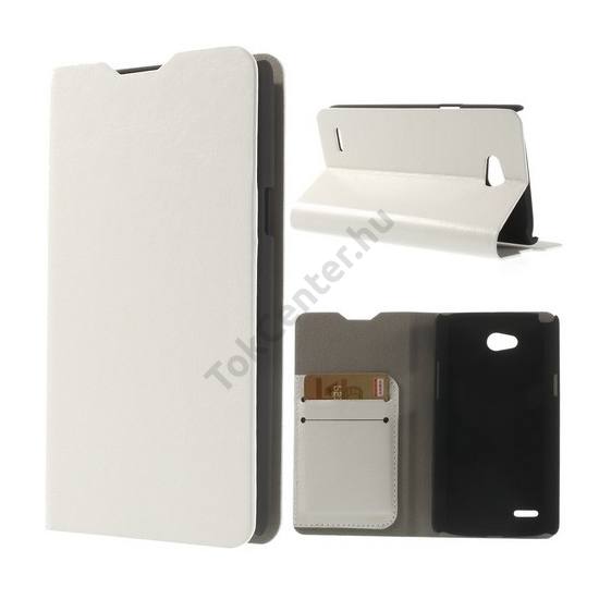 LG L80 (D380) Tok álló, bőr (FLIP, oldalra nyíló, bankkártya  tartó, asztali tartó funkció) FEHÉR