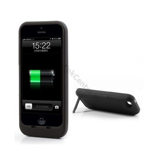 Apple iPhone 5C Műanyag telefonvédő (beépített 2500 mAh LI-Ion akku, kitámasztó) FEKETE