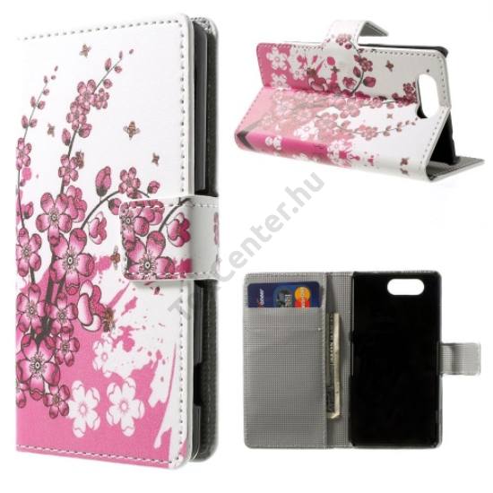 Sony Xperia Z3 Compact (D5803) Tok álló, bőr (FLIP, mágneses, oldalra nyíló, bankkártya tartó, asztali tartó funkció, virágminta) FEHÉR