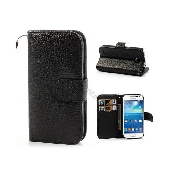 Samsung Galaxy S IV. mini (GT-I9190) Tok álló, bőr (FLIP, mágneses, oldalra nyíló, bankkártya tartó, asztali tartó funkció, csuklópánt) FEKETE