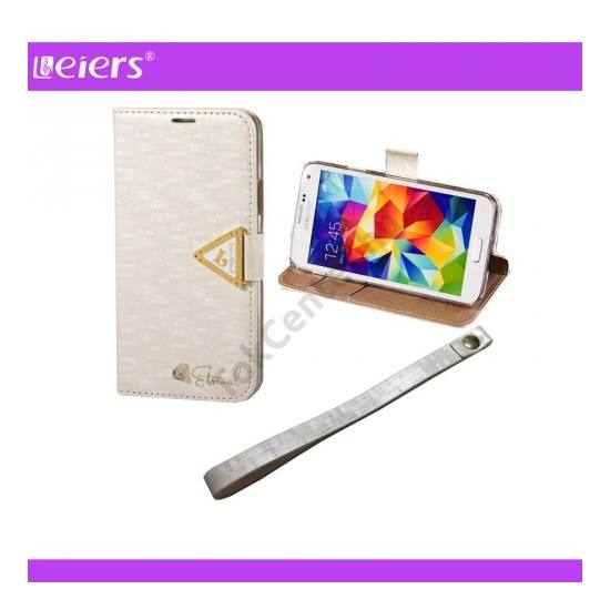 Samsung Galaxy S V. (SM-G900) LEIERS ETERNAL tok álló, bőr (FLIP, oldalra nyíló, bankkártya tartó, asztali tartó funkció, csuklópánt) FEHÉR