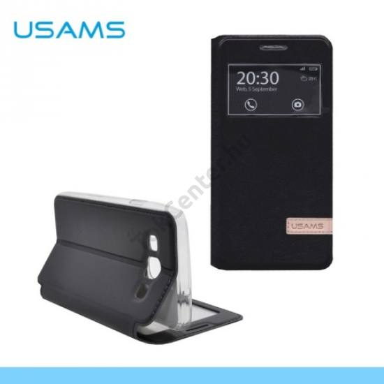 Samsung Galaxy A3 (SM-A300F) USAMS MUGE tok álló, bőr (FLIP, oldalra nyíló, asztali tartó funkció, View Window) FEKETE