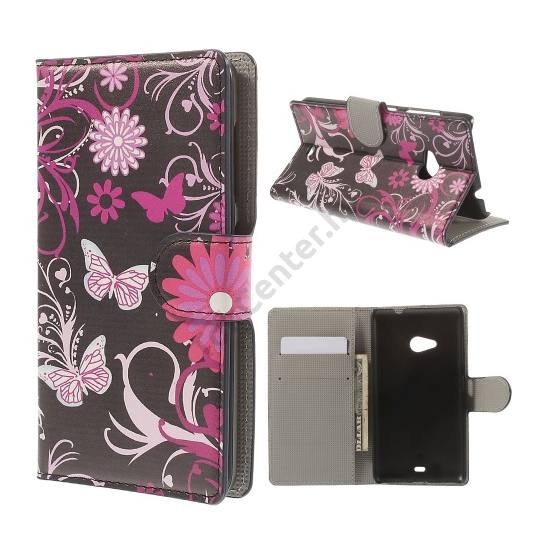 Microsoft Lumia 535 Tok álló, bőr (FLIP, mágneses, oldalra nyíló, bankkártya tartó, asztali tartó funkció, pillangó, virágminta) FEKETE