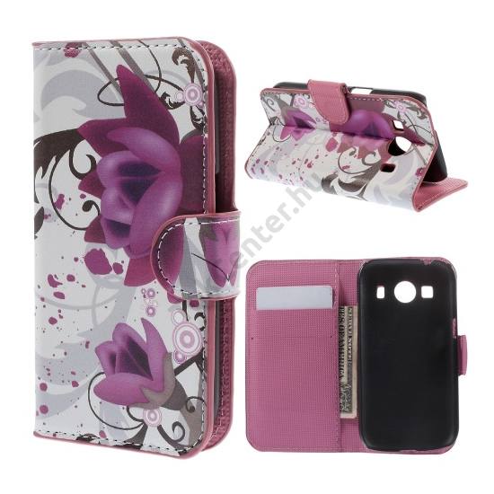 Samsung Galaxy Ace 4 LTE (SM-G357FZ) Tok álló, bőr (FLIP, mágneses, oldalra nyíló, bankkártya tartó, asztali tartó funkció, lótuszvirág minta) FEHÉR