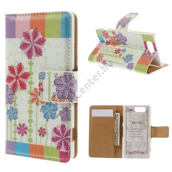Sony Xperia Z3 Compact (D5803) Tok álló, bőr (FLIP, mágneses, oldalra nyíló, bankkártya tartó, asztali tartó funkció, színes virágminta) BÉZS