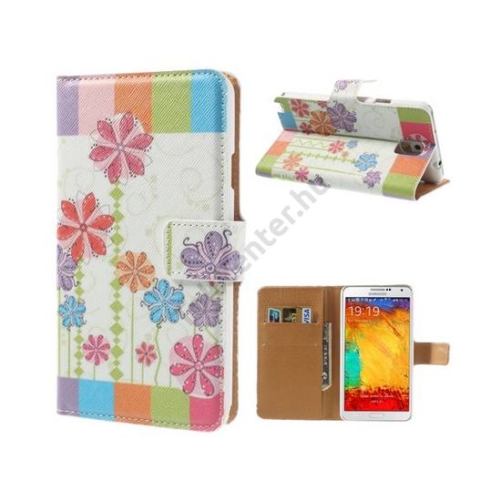 Samsung Galaxy Note 3. (SM-N9000) Tok álló, bőr (FLIP, mágneses, oldalra nyíló, bankkártya tartó, asztali tartó funkció, virágminta) SZÍNES