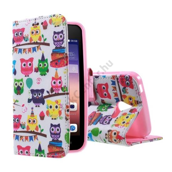 Huawei Ascend Y550 Tok álló, bőr (FLIP, oldalra nyíló, asztali tartó funkció, színes bagolyminta) FEHÉR