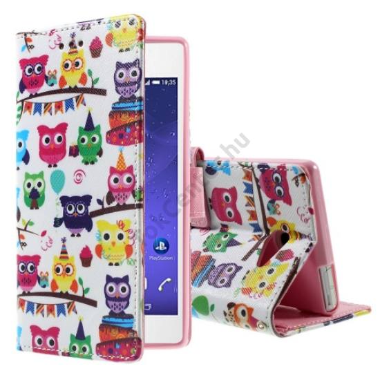 Sony Xperia M2 Aqua (D2403) Tok álló, bőr (FLIP, oldalra nyíló, asztali tartó funkció, színes bagolyminta) FEHÉR
