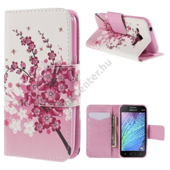 Samsung Galaxy J1 (SM-J100) Tok álló, bőr (FLIP, oldalra nyíló, asztali tartó funkció, virágminta) FEHÉR