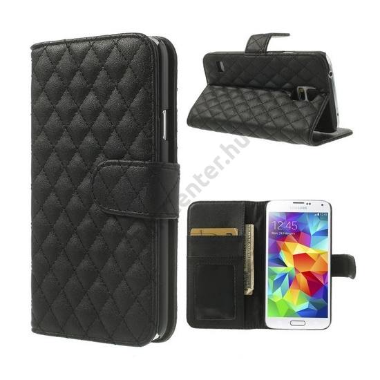 Samsung Galaxy S V. (SM-G900) Tok álló, bőr (FLIP, mágneses, oldalra nyíló, bankkártya tartó, asztali tartó funkció, varrásmintás) FEKETE