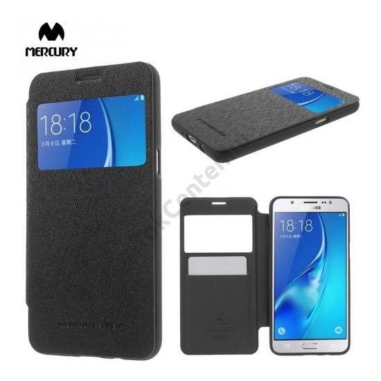 Samsung Galaxy J5 (2016) (SM-J510) MERCURY Wow Bumper tok álló, bőr (FLIP, oldalra nyíló, S-View cover, textilminta) FEKETE