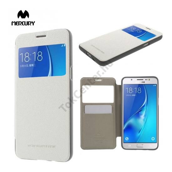 Samsung Galaxy J5 (2016) (SM-J510) MERCURY Wow Bumper tok álló, bőr (FLIP, oldalra nyíló, S-View cover, textilminta) FEHÉR