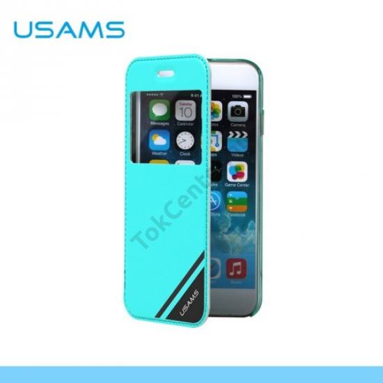 Apple iPhone 6 4.7`` USAMS műanyag telefonvédő (bőr flip, műanyag hátlap, oldalra nyíló, S-View cover) CYAN