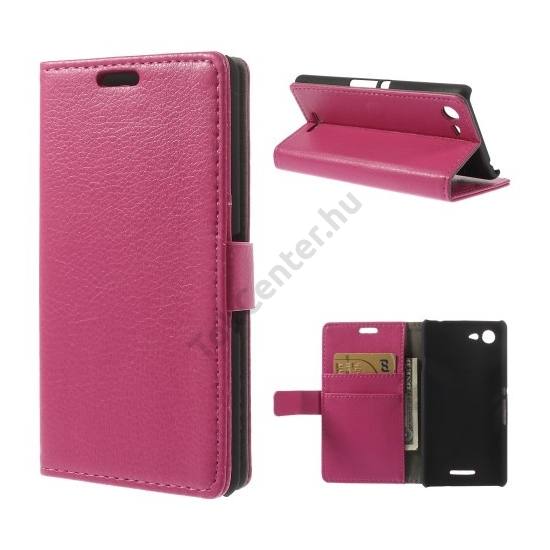 Sony Xperia E3 (D2203) Tok álló, bőr (FLIP, mágneses, oldalra nyíló, bankkártya  tartó, asztali tartó funkció) MAGENTA