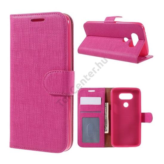 LG G5 (H850) Tok álló, bőr (FLIP, mágneses, oldalra nyíló, asztali tartó funkció, textil hatás) MAGENTA