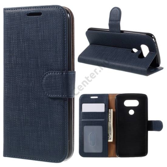 LG G5 (H850) Tok álló, bőr (FLIP, mágneses, oldalra nyíló, asztali tartó funkció, textil hatás) SÖTÉTKÉK