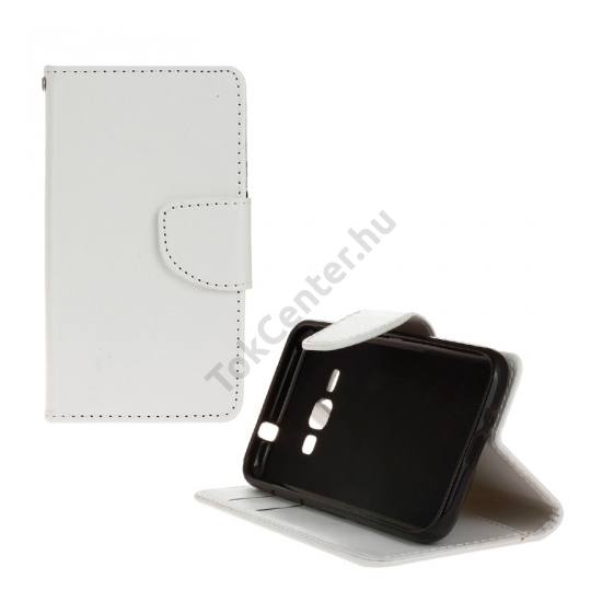 Samsung Galaxy J1 (2016) (SM-J120) Tok álló, bőr (FLIP, oldalra nyíló, asztali tartó funkció) FEHÉR