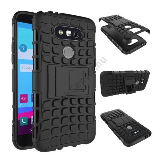 LG G5 (H850) Defender műanyag telefonvédő (közepesen ütésálló, gumi / szilikon betét, kitámasztó) FEKETE