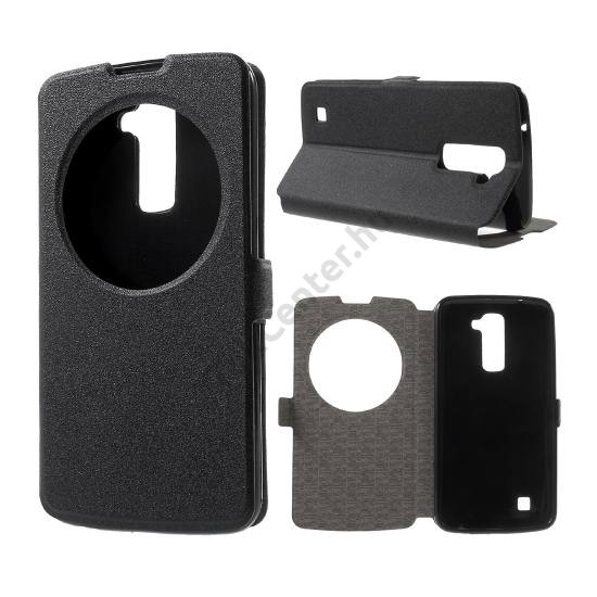 LG K10 (K420n) Tok álló, bőr (FLIP, oldalra nyíló, asztali tartó funkció, hívókijelzés, View Window, érdes felület) FEKETE