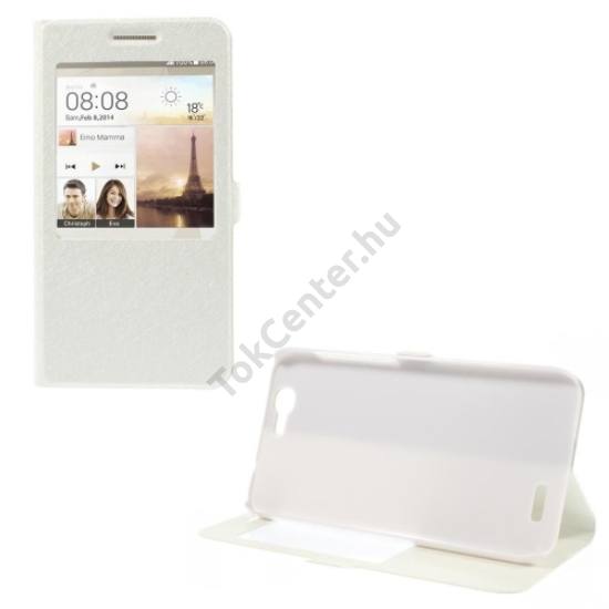 Huawei Ascend G7 Tok álló, bőr (FLIP, mágneses, oldalra nyíló, asztali tartó funkció, S-View Cover, selyem hatás) FEHÉR
