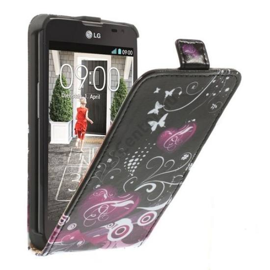 LG L65 (D280) Tok álló, bőr (FLIP, mágneses, szív, virágminta) FEKETE