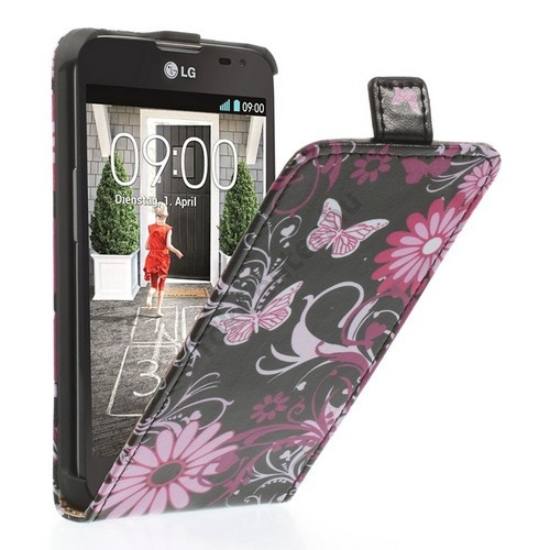 LG L65 (D280) Tok álló, bőr (FLIP, mágneses, pillagó, virágminta) FEKETE
