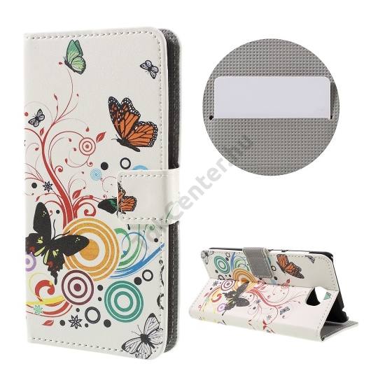 Huawei Y6 II Compact/Y5 II Tok álló, bőr (FLIP, oldalra nyíló, asztali tartó funkció, pillangó, körminta) FEHÉR