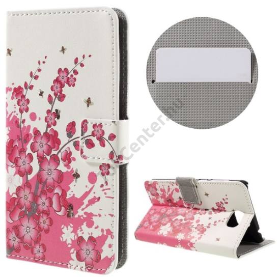 Huawei Y6 II Compact/Y5 II Tok álló, bőr (FLIP, oldalra nyíló, asztali tartó funkció, virágminta) FEHÉR