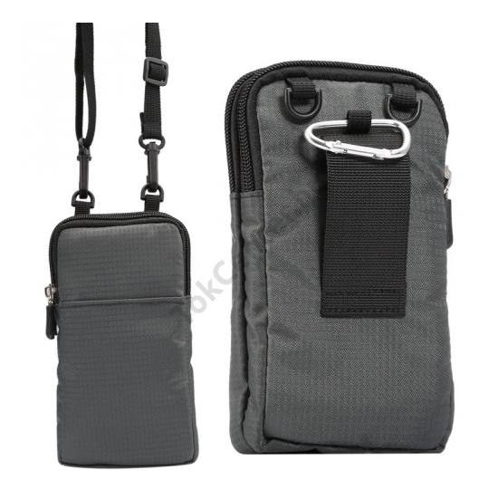 Tok, álló, vászon (nyakba akasztható, övre fűzhető, karabiner, cipzár, 2 zseb, Samsung Galaxy Note 7 méret) SZÜRKE