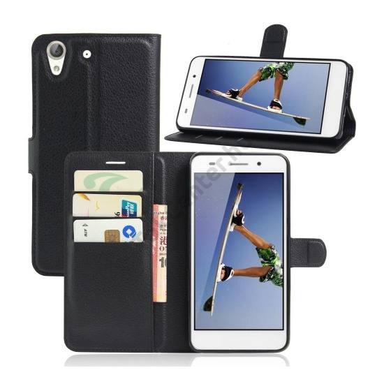 Huawei Y6 II (Y6-2) Tok álló, bőr (FLIP, oldalra nyíló, asztali tartó funkció) FEKETE