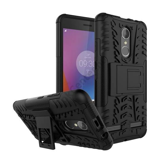 Lenovo K6 Defender műanyag telefonvédő (közepesen ütésálló, gumi / szilikon belső, kitámasztó, autógumi minta) FEKETE