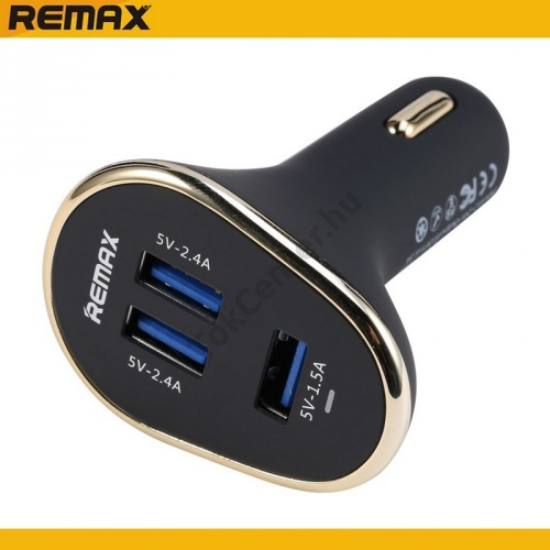 REMAX szivargyújtó töltő/autós töltő 3 x USB aljzat (2 x 5V / 2400mA, 1 x 5V / 1500mA, kábel NÉLKÜL!) FEKETE