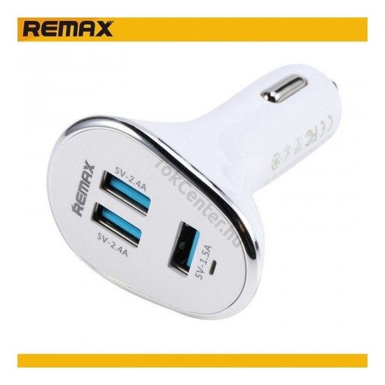 REMAX szivargyújtó töltő/autós töltő 3 x USB aljzat (2 x 5V / 2400mA, 1 x 5V / 1500mA, kábel NÉLKÜL!) FEHÉR