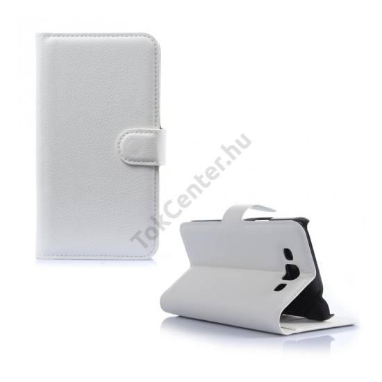 Samsung Galaxy Grand 3 (SM-G7200) Tok álló, bőr (FLIP, mágneses, oldalra nyíló, bankkártya tartó, asztali tartó funkció) FEHÉR