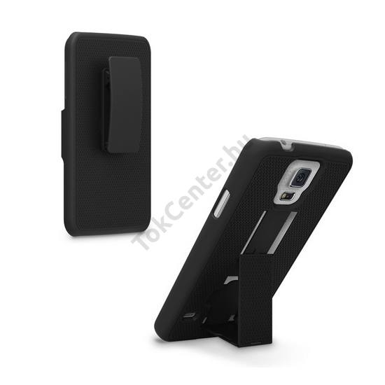 Samsung Galaxy S V. (SM-G900) Műanyag telefonvédő (kitámasztó, övre csiptethető) FEKETE
