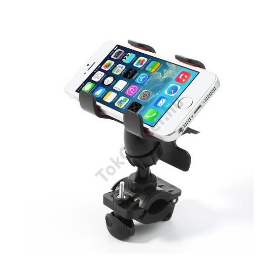 Kerékpáros telefontartó (360°-ban forgatható, kormányra rögzíthető, csipeszes tartó rész) FEKETE