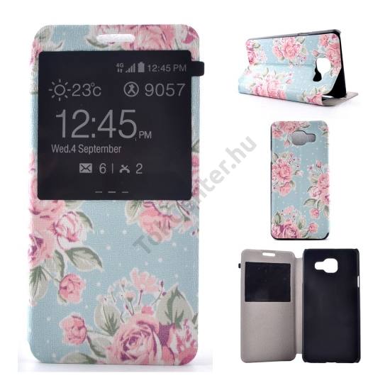 Samsung Galaxy A5 (2016) (SM-A510F) Tok álló, bőr (FLIP, oldalra nyíló, asztali tartó funkció, hívószámkijelzés, View Window, rózsaszín virágminta) KÉK