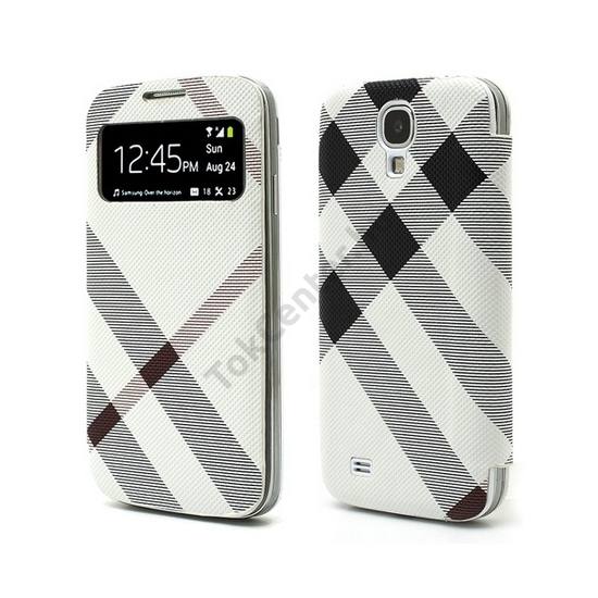 Samsung Galaxy S IV. (GT-I9500) Tok álló, bőr (akkufedél, oldalra nyíló, hívókijelzés, és felvételhez kivágás, kockás) Flip, FEHÉR