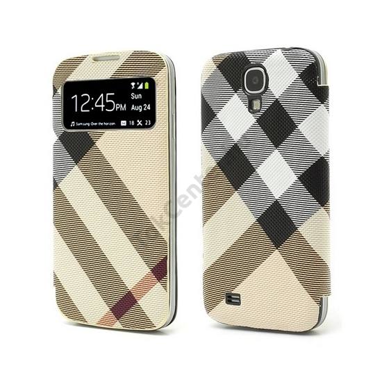 Samsung Galaxy S IV. (GT-I9500) Tok álló, bőr (akkufedél, oldalra nyíló, hívókijelzés, és felvételhez kivágás, kockás) Flip, BARNA