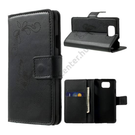 Samsung Galaxy Alpha (SM-G850) Tok álló, bőr (FLIP, oldalra nyíló, bankkártya tartó, asztali tartó funkció, gravírozott, pillangó minta) FEKETE